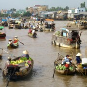 Boats full of fruit and vegetables head to Cai Rang floating market.